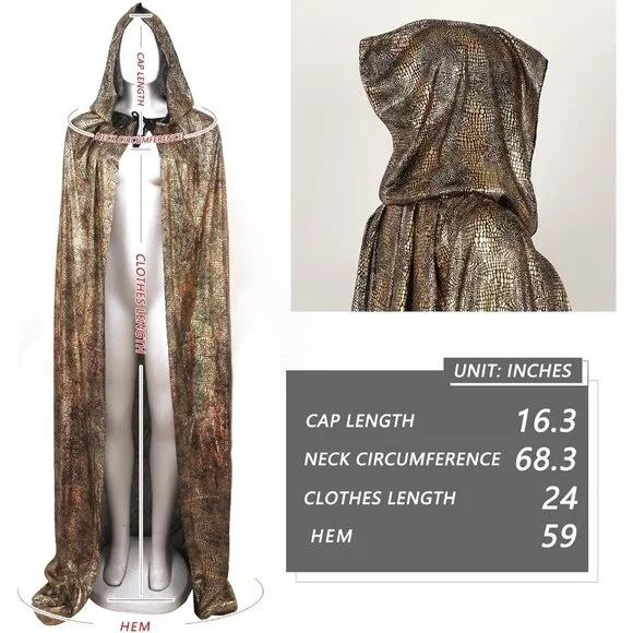 Women's Gold Witch Imported Velvet Cloak Halloween Hooded Cape Medieval Costume - Picture 6 of 6